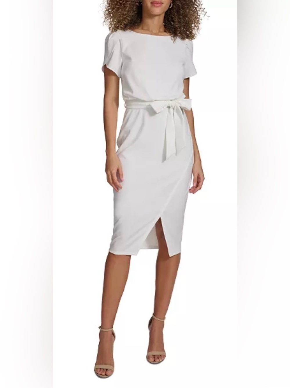 Kensie White Midi Sheath Dress with Tie Waist